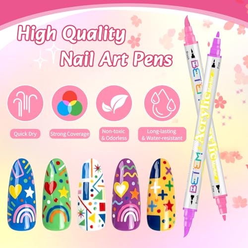 Betem Nail Art Pens Set, Dual Tip 24 Colors Nails Art Markers Non-Toxic, Quick-drying Nail Polish Pens, Acrylic Nail Kit for Home & Salon DIY, Easy French Manicure Tool, Gifts for Mom, Friends - Image 3