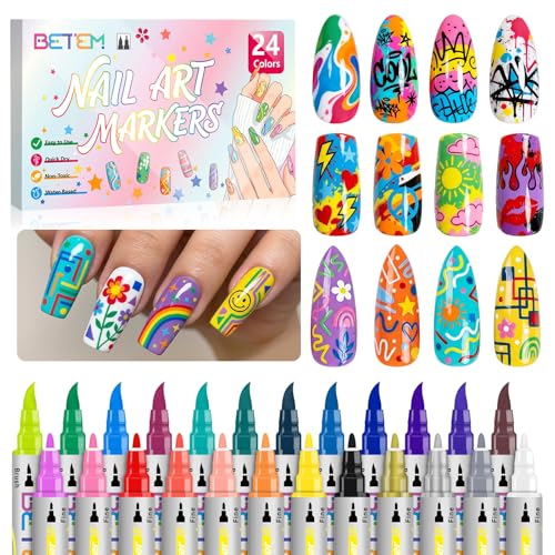 Betem Nail Art Pens Set, Dual Tip 24 Colors Nails Art Markers Non-Toxic, Quick-drying Nail Polish Pens, Acrylic Nail Kit for Home & Salon DIY, Easy French Manicure Tool, Gifts for Mom, Friends - Image 1