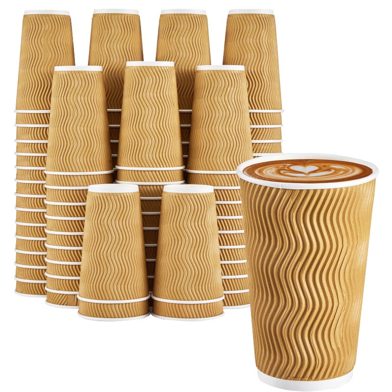 Clawsoff 90 Pack 16 oz Disposable Coffee Cups No Lids Champagne Insulated Ripple Wall Paper Coffee Cups 16oz Kraft Corrugated Beverage Paper Cups for Hot Chocolate Home Travel Office Tea