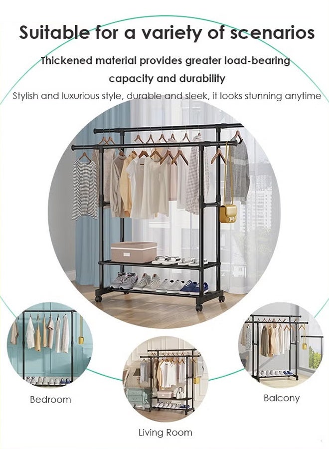 معلاق ملابس,منظم علاقات ملابس، رف ملابس مزدوج الطبقات، لتخزين وتنظيم الملابس، قدرة تحمل معززة، رف ملابس متحرك بعجلات دوارة وقابلة للقفل، أسود - Image 5