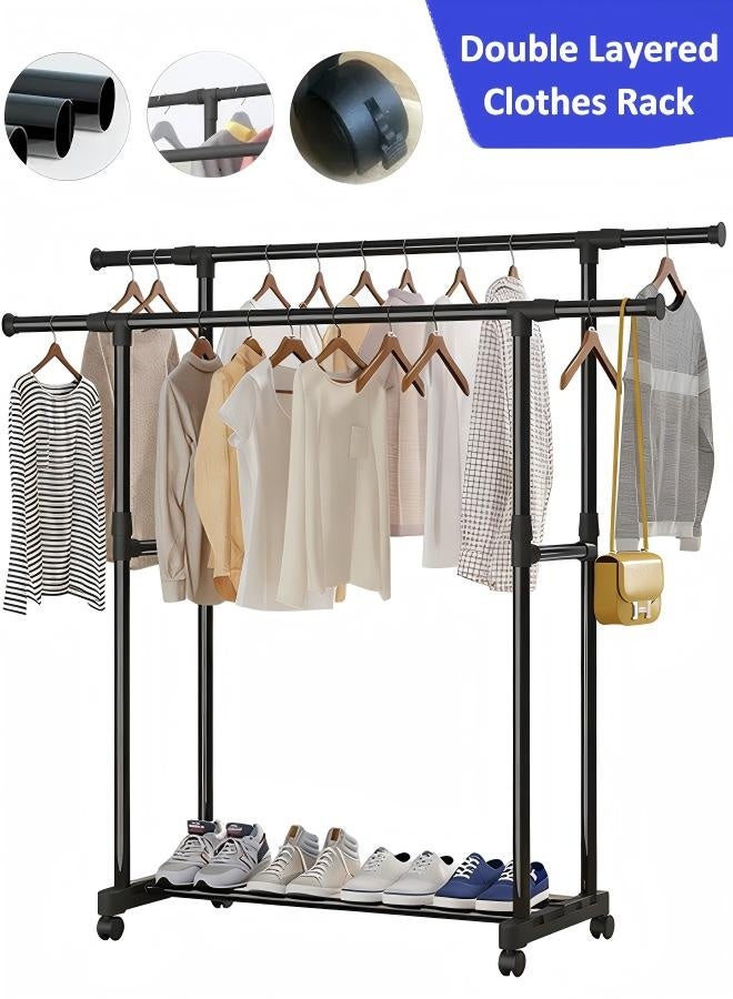 معلاق ملابس,منظم علاقات ملابس، رف ملابس مزدوج الطبقات، لتخزين وتنظيم الملابس، قدرة تحمل معززة، رف ملابس متحرك بعجلات دوارة وقابلة للقفل، أسود - Image 1