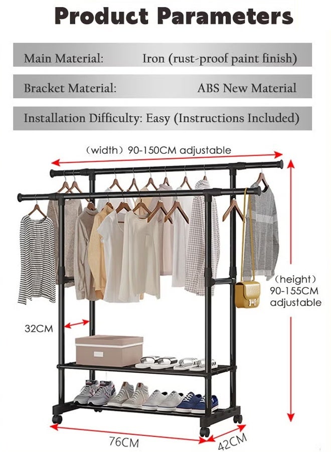 معلاق ملابس,منظم علاقات ملابس، رف ملابس مزدوج الطبقات، لتخزين وتنظيم الملابس، قدرة تحمل معززة، رف ملابس متحرك بعجلات دوارة وقابلة للقفل، أسود - Image 2