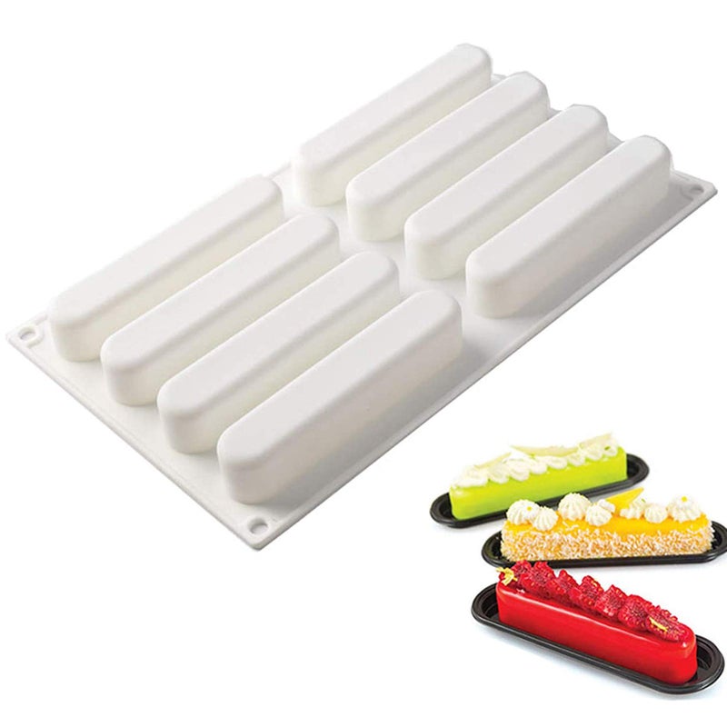 OCPO KITCHEN Eclair Silicone Mold for Baking Mousse Cake 3D Silicone Baking Mold for Cakes French Pastry Chocolate Brownie Cake Decoration 3D Eclair Shape 8Cavity