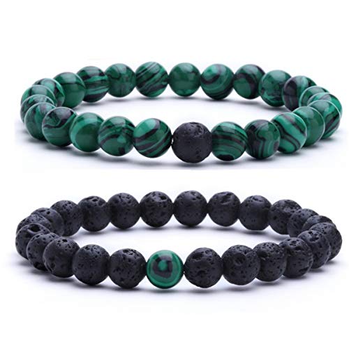 MengPa Mens Beaded Bracelets Couples Matching Bracelet Set Lava Rock Beads for Women Stone Jewelry (Malachite) US4163G - Image 1