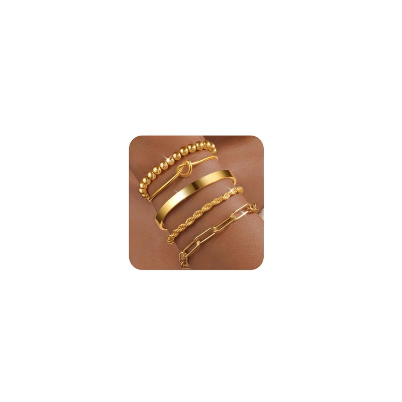 PLOMFOV Gold Bracelets for Women Stack Non Tarnish 14K Gold Plated Chunky Gold Bangles Bracelet Set Beaded Heart Paperclip Chain Rope Dainty Trendy Waterproof Stackable Cuff Bracelets Jewelry Gifts for Women - Image 1