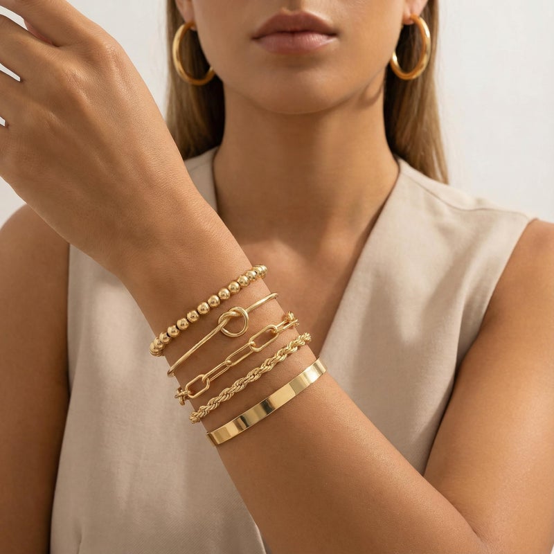 PLOMFOV Gold Bracelets for Women Stack Non Tarnish 14K Gold Plated Chunky Gold Bangles Bracelet Set Beaded Heart Paperclip Chain Rope Dainty Trendy Waterproof Stackable Cuff Bracelets Jewelry Gifts for Women - Image 5