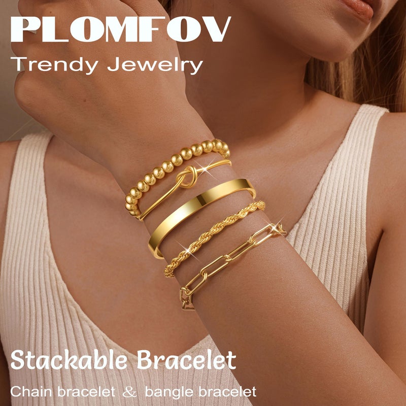 PLOMFOV Gold Bracelets for Women Stack Non Tarnish 14K Gold Plated Chunky Gold Bangles Bracelet Set Beaded Heart Paperclip Chain Rope Dainty Trendy Waterproof Stackable Cuff Bracelets Jewelry Gifts for Women - Image 2