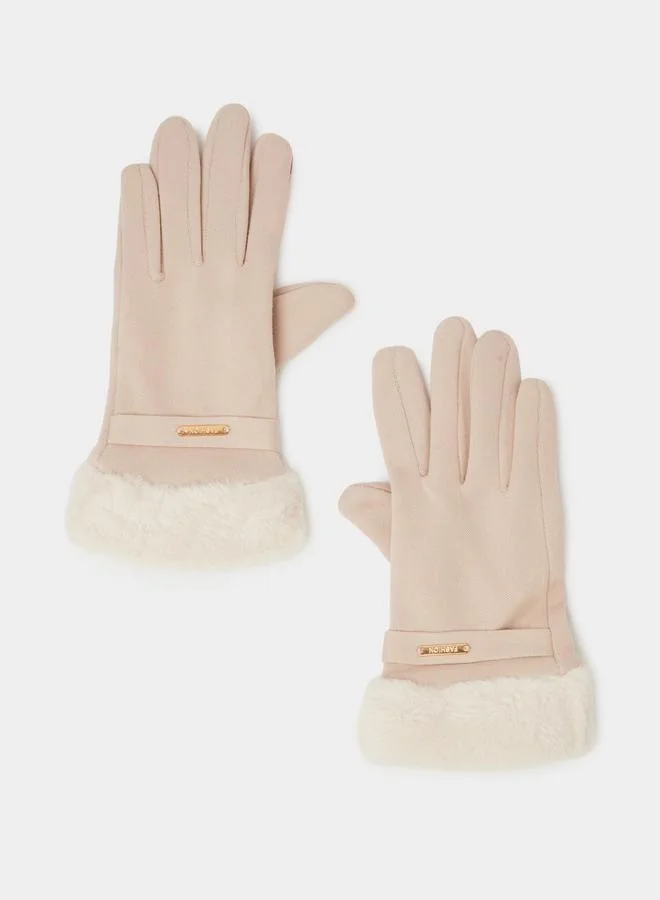 Styli Beige Faux Fur Trim Knitted Gloves