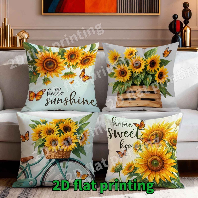 Set Of 4 Cushion Covers With Sunflowers Butterflies Bicycles And Cozy Home Theme Perfect For Autumn Thanksgiving Decor Floral Designs Suitable For Home Kitchen Use 14 Inches Size - Image 1