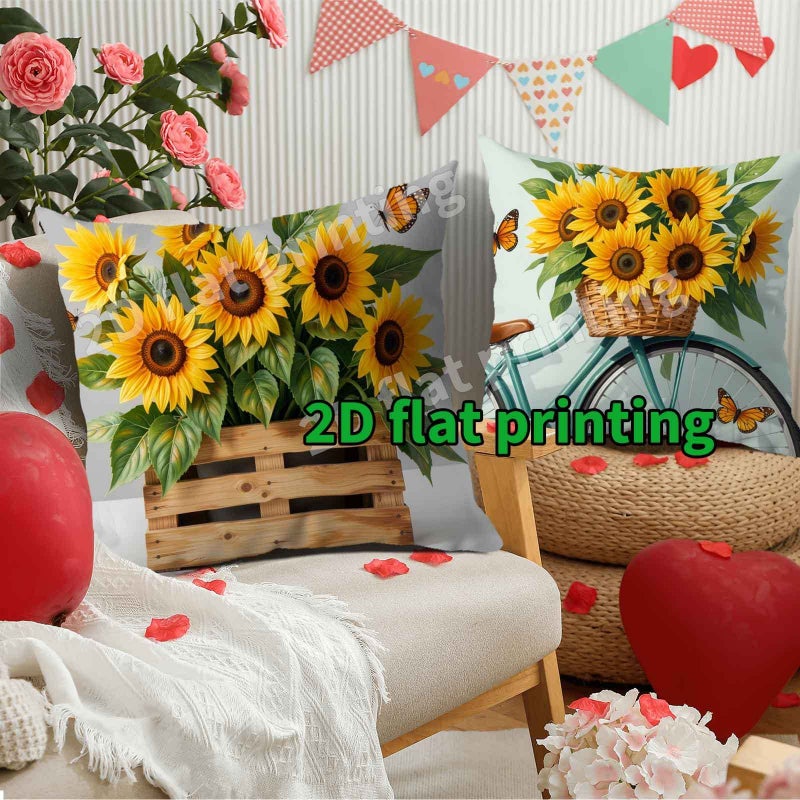 Set Of 4 Cushion Covers With Sunflowers Butterflies Bicycles And Cozy Home Theme Perfect For Autumn Thanksgiving Decor Floral Designs Suitable For Home Kitchen Use 14 Inches Size - Image 5