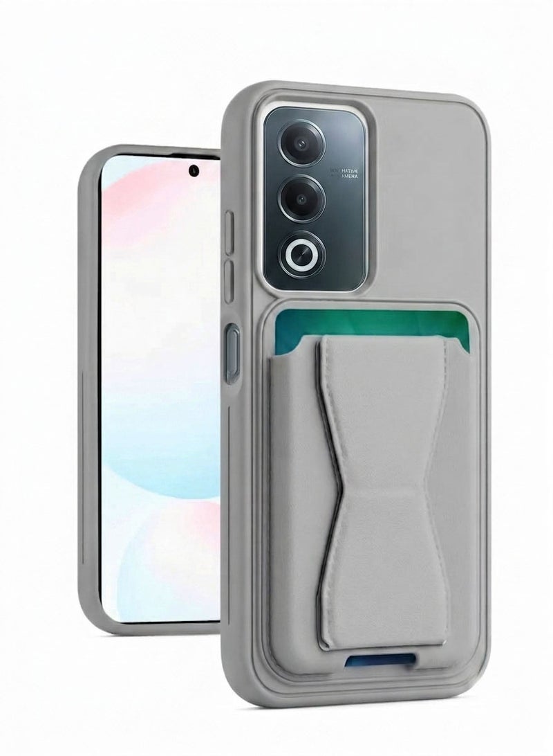 جراب محفظة جلدي متوافق مع هاتف Oppo A5، غطاء خلفي جلدي بإطار من مادة TPU، جراب حماية للهاتف مقاوم للصدمات مزود بحامل للبطاقات، لون رمادي.