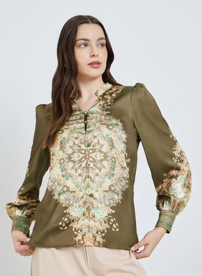 Styli Women Olive Printed Balloon Sleeve Blouse