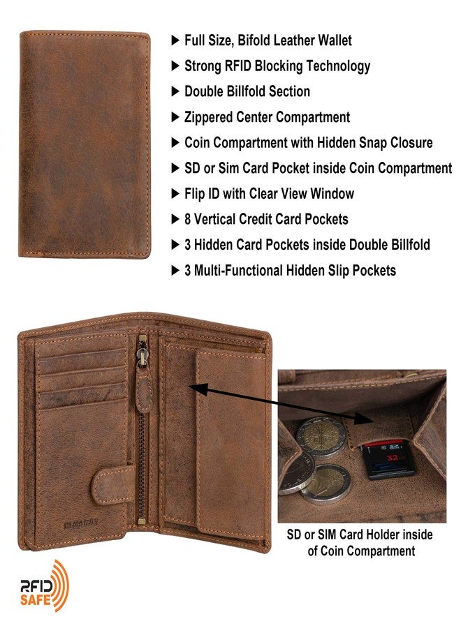 DiLoro Mens Full Size Large Capacity Genuine Full Grain Leather Wallet Bifold Flip ID Coin & Zip Pockets RFID Blocking Anti-Theft (Dark Hunter Brown) - Image 2