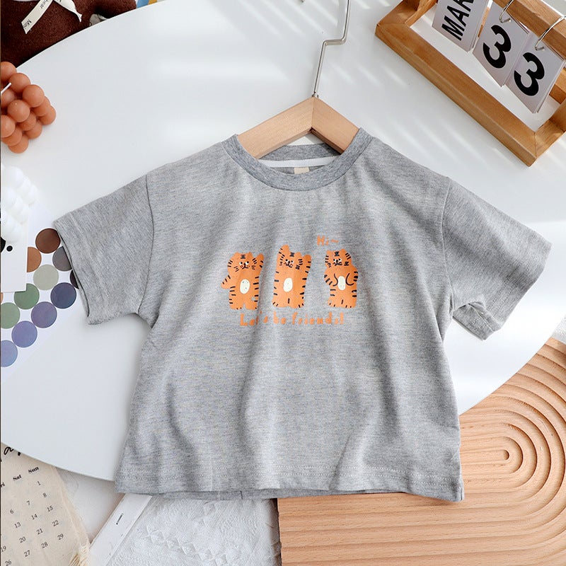 Pure Cotton Kidsren's Cute Cartoon Tiger Short-Sleeved T-Shirt Summer 2025 New Style Tops for Boys and Girls for Small and Medium-Sized Kidsren - Image 1