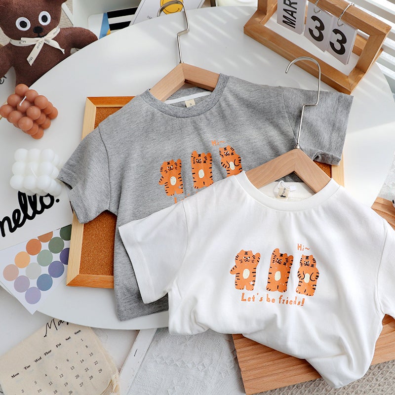 Pure Cotton Kidsren's Cute Cartoon Tiger Short-Sleeved T-Shirt Summer 2025 New Style Tops for Boys and Girls for Small and Medium-Sized Kidsren - Image 2