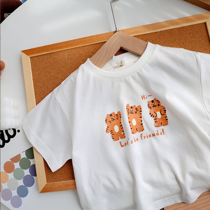 Pure Cotton Kidsren's Cute Cartoon Tiger Short-Sleeved T-Shirt Summer 2025 New Style Tops for Boys and Girls for Small and Medium-Sized Kidsren - Image 3