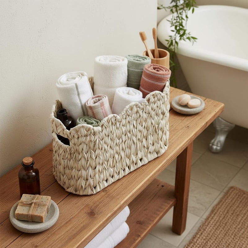 Coeusy Toilet Paper Storage Basket,Boho Decorative Scalloped Baskets,Coastal Bathroom Decor,Hand-Woven Plastic Wicker Bathroom Accessories Organizer - Image 3