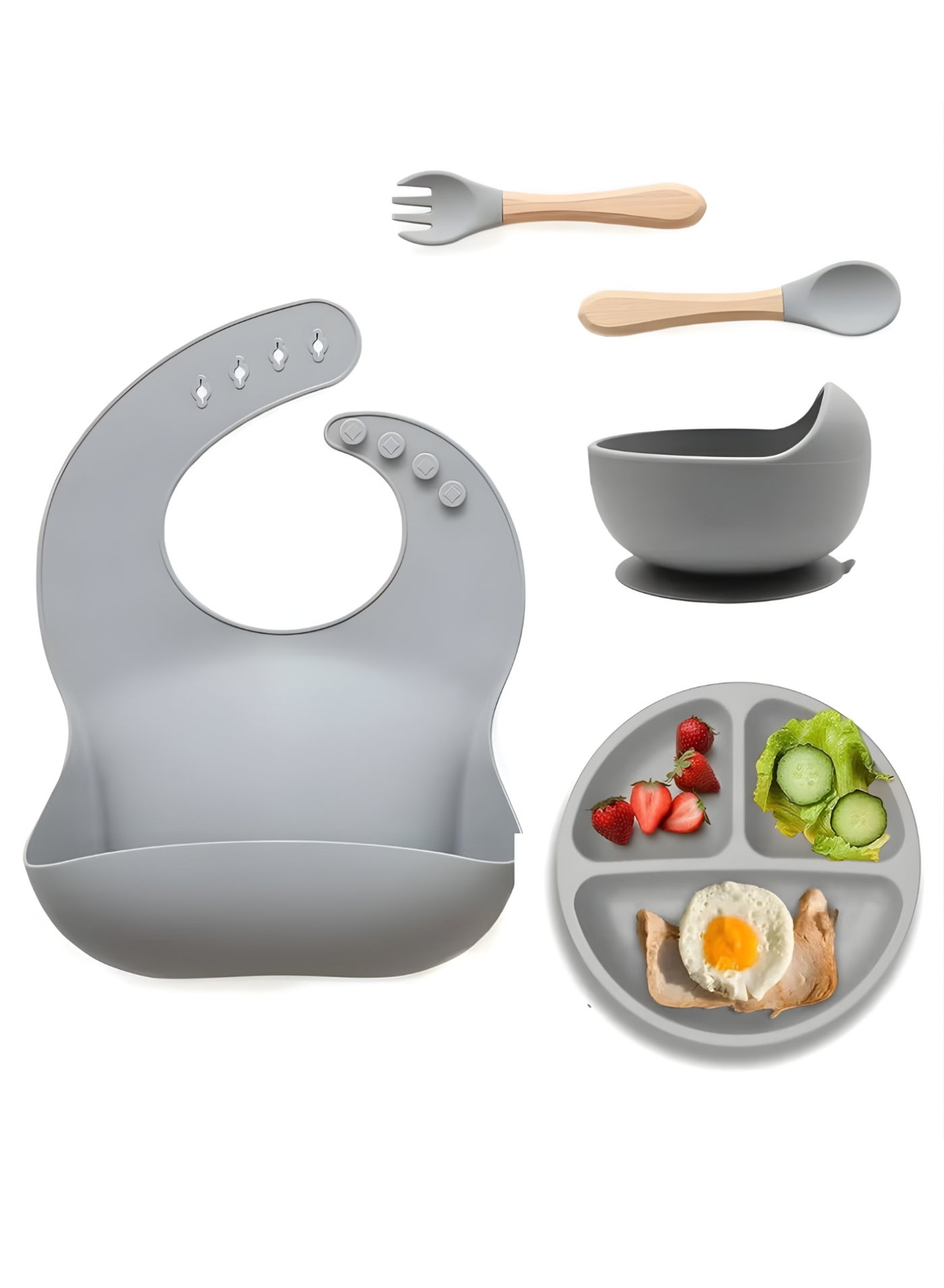 ECVV Silicone Baby Feeding Set, Toddler Divider Plate & Bowl with Suction, BPA Free Baby Tableware Set with Adjustable Soft Silicone Bib & Utensils, Ideal for Self-Feeding and Easy Clean-up
