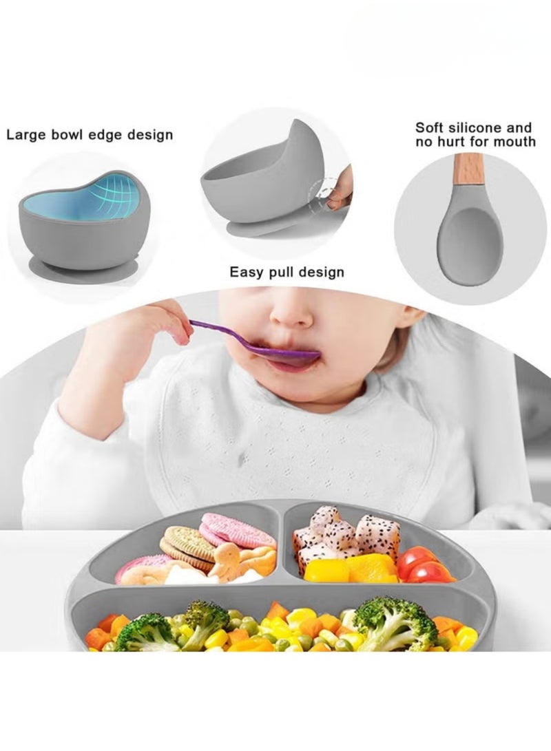 ECVV Silicone Baby Feeding Set, Toddler Divider Plate & Bowl with Suction, BPA Free Baby Tableware Set with Adjustable Soft Silicone Bib & Utensils, Ideal for Self-Feeding and Easy Clean-up - Image 5