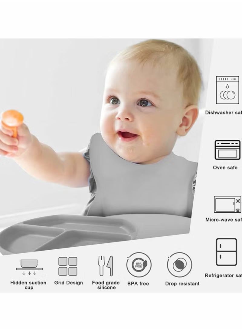ECVV Silicone Baby Feeding Set, Toddler Divider Plate & Bowl with Suction, BPA Free Baby Tableware Set with Adjustable Soft Silicone Bib & Utensils, Ideal for Self-Feeding and Easy Clean-up - Image 3