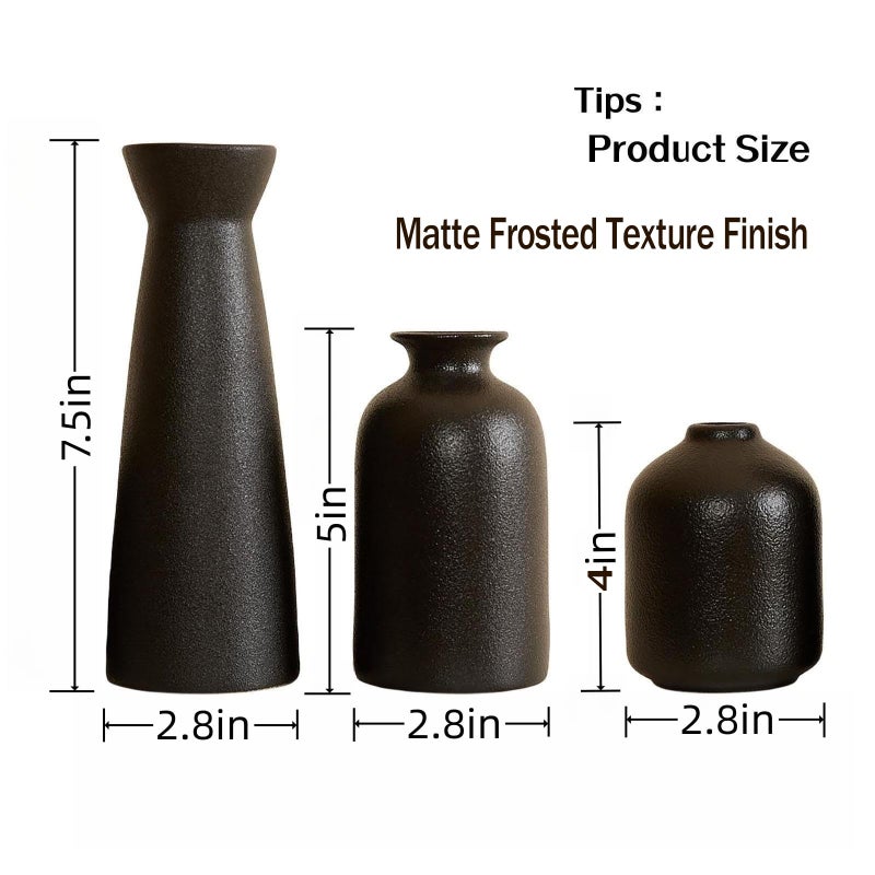 Napormot Black Ceramic Vase Set of 3 Small Boho Vase for for Decor Matte Frosted Texture Finish Modern Rustic Farmhouse Home Decor Decorative vase for Pampas Grass&Dried Flowers Shelf Table Mantel Entryway - Image 2