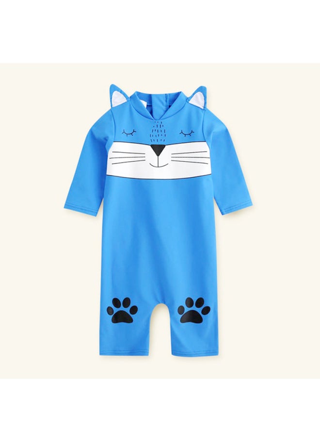 Loquat Girls' One-piece Swimsuit Boys' Baby Swimming Trunks Sunscreen Long-sleeved Baby 1-3 Years Old Children Children's Warm Swimsuit-Color:Conjoined Blue Kitten- - Image 4