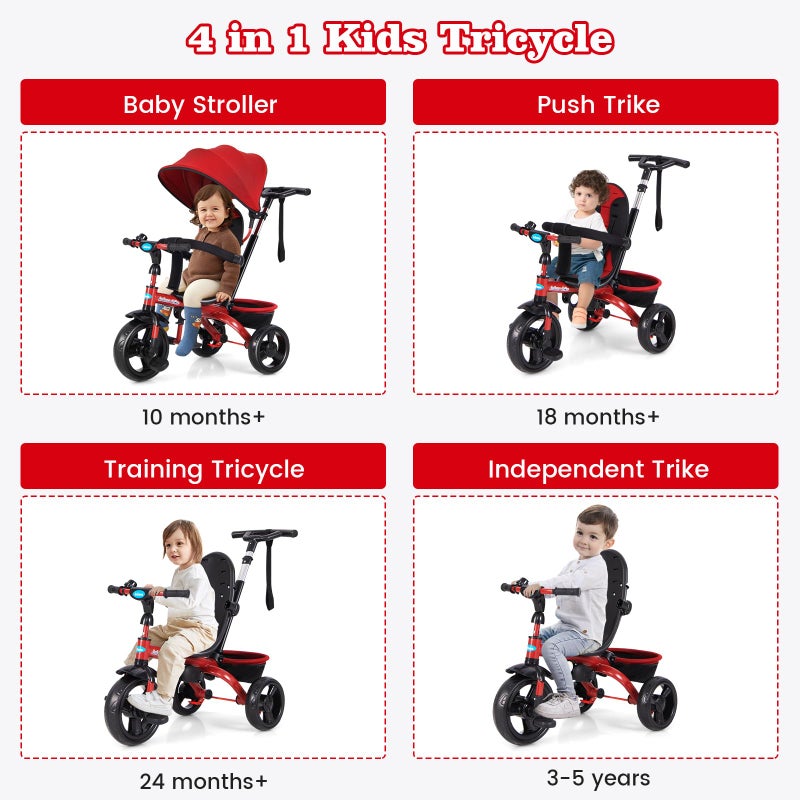 INFANS Kids Tricycle, 6 in 1 Stroll Trike with Adjustable Push Handle, Removable Canopy, Retractable Foot Plate, Lockable Pedal, Detachable Guardrail, Suitable for 10 Months to 5 Years (Red) - Image 4