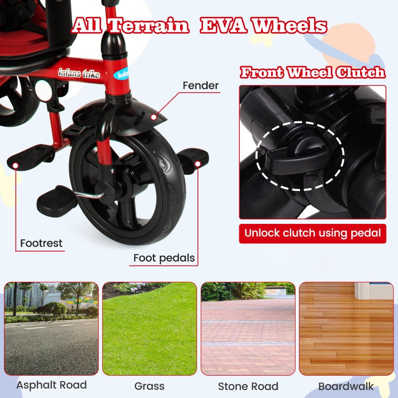 INFANS Kids Tricycle, 6 in 1 Stroll Trike with Adjustable Push Handle, Removable Canopy, Retractable Foot Plate, Lockable Pedal, Detachable Guardrail, Suitable for 10 Months to 5 Years (Red) - Image 5