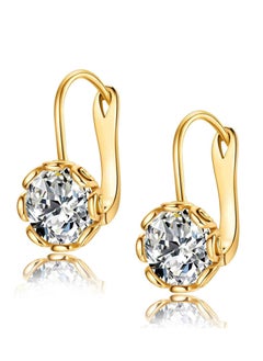 Diamond Pendant Earrings, Round Crystal Flower Leverback Drop Earrings, for Women 14k Gold Plated Sparkling Cubic Zirconia Elegant Diamond Dangle Earrings, Prong Setting Bridal Earrings (1 Pair)
