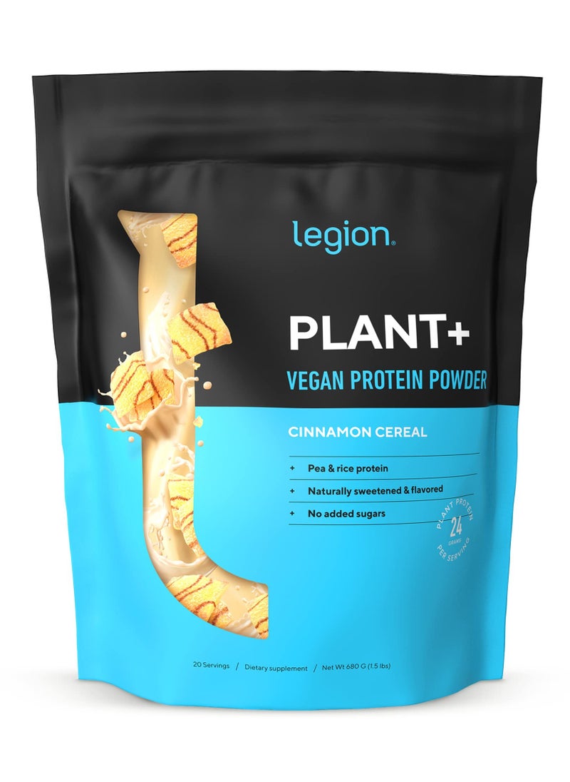 Legion Athletics - Plant+ Vegan Protein Powder, Pea and Rice Protein, Naturally Sweetened & Flavored, No Added Sugars, 24 grams Per Serving, 680 g/1.5 Lbs, 20 Servings - Cinnamon Cereal - Image 1
