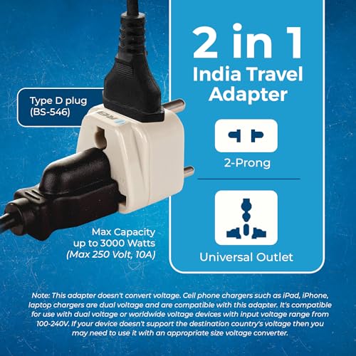 OREI USA to India Converter Plug, World (USA, UK, China) Australia to India Converter - Type D Adapter - 2 in 1 Canada to in Adapter - CE - RoHS - Beige - 1 Pack. - Image 3