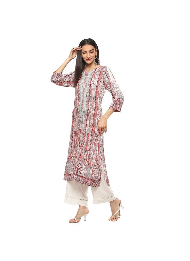 Biba - BIBA Women's Viscose Printed Straight Kurta Mix and Match (Jamawar20172_Coral_34) - Image 1