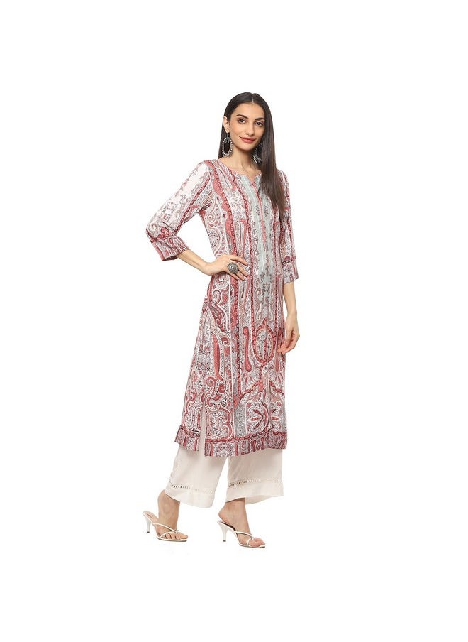 Biba - BIBA Women's Viscose Printed Straight Kurta Mix and Match (Jamawar20172_Coral_34) - Image 1