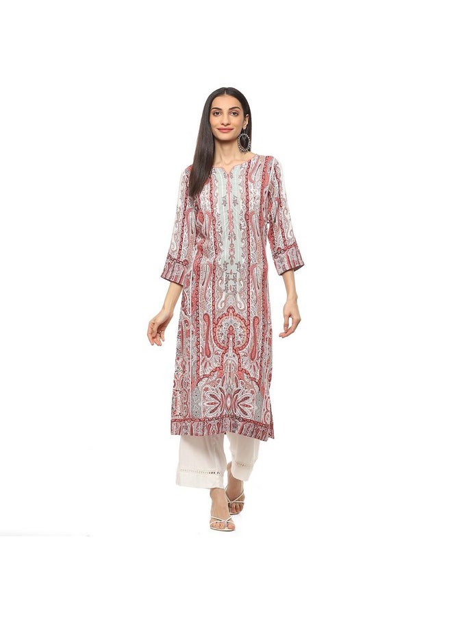 Biba - BIBA Women's Viscose Printed Straight Kurta Mix and Match (Jamawar20172_Coral_34) - Image 1