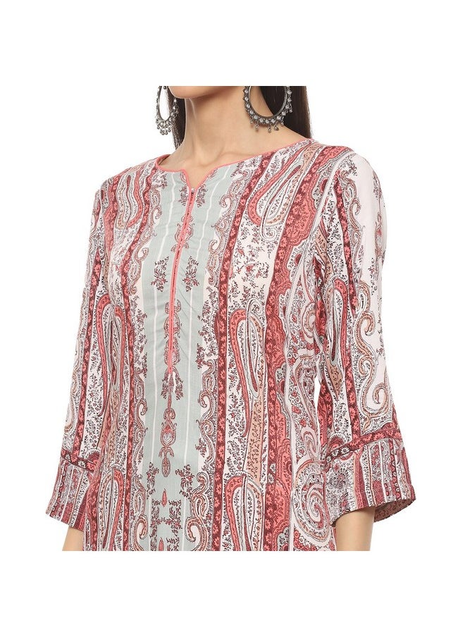 Biba - BIBA Women's Viscose Printed Straight Kurta Mix and Match (Jamawar20172_Coral_34) - Image 1