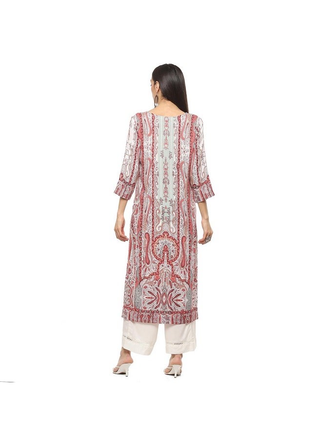 Biba - BIBA Women's Viscose Printed Straight Kurta Mix and Match (Jamawar20172_Coral_34) - Image 1