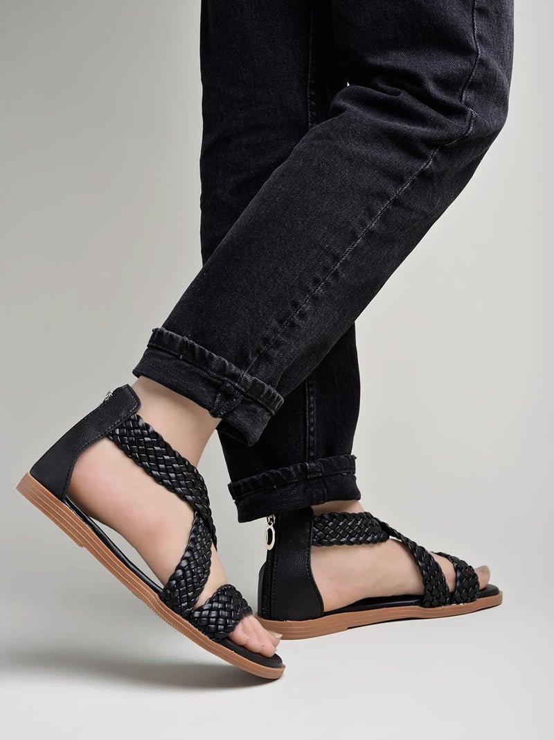 Shoetopia Women's Black Braided Gladiator Flat Sandals – Comfortable Casual Summer Stylish Sandals with Back Zip Closure EU39 - Image 4