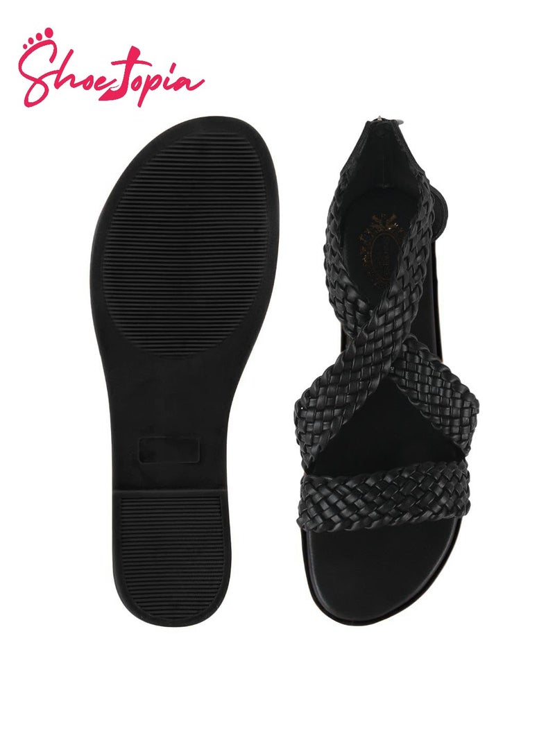 Shoetopia Women's Black Braided Gladiator Flat Sandals – Comfortable Casual Summer Stylish Sandals with Back Zip Closure EU39 - Image 5