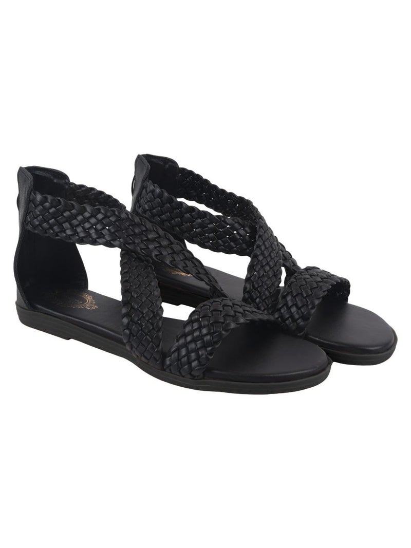 Shoetopia Women's Black Braided Gladiator Flat Sandals – Comfortable Casual Summer Stylish Sandals with Back Zip Closure EU39 - Image 1