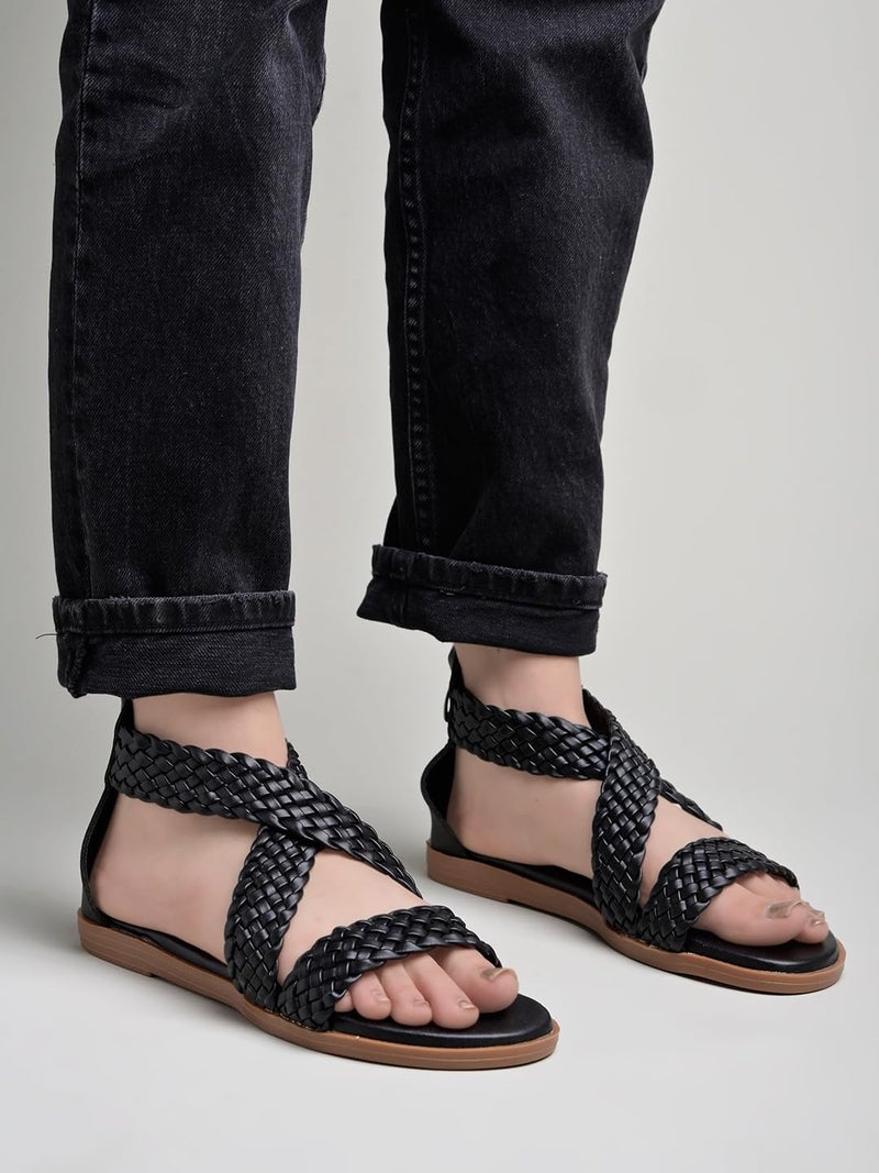 Shoetopia Women's Black Braided Gladiator Flat Sandals – Comfortable Casual Summer Stylish Sandals with Back Zip Closure EU39 - Image 3