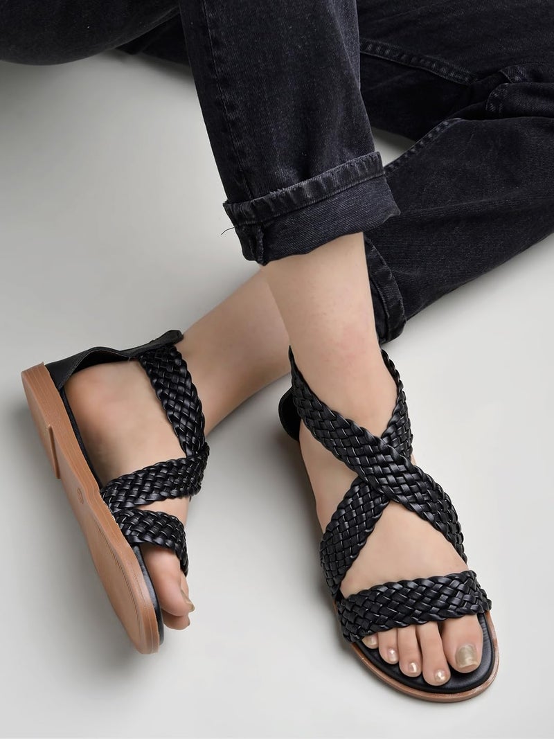 Shoetopia Women's Black Braided Gladiator Flat Sandals – Comfortable Casual Summer Stylish Sandals with Back Zip Closure EU39 - Image 2