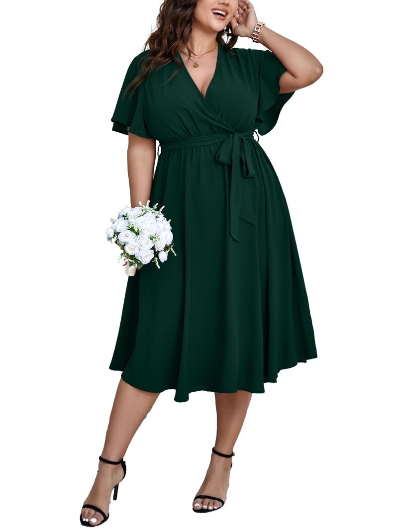 SCOMCHIC Womens Plus Size Wedding Guest Cocktail Midi Dress Summer Short Sleeve Wrap V Neck Belted A-Line Flowy Dress - Image 1