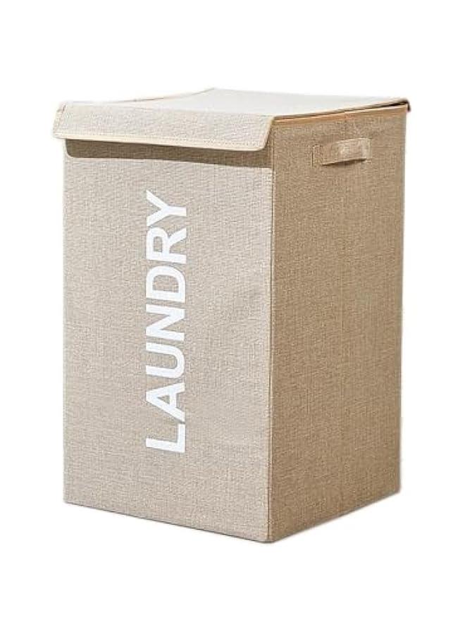 Laundry Basket with Lid, 58L Foldable Laundry Hamper With Handles, Floor-Standing Dirty Clothes Hamper for Bathroom Bedroom Living Room (Beige) - Image 1