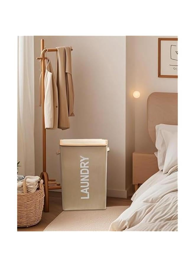 Laundry Basket with Lid, 58L Foldable Laundry Hamper With Handles, Floor-Standing Dirty Clothes Hamper for Bathroom Bedroom Living Room (Beige) - Image 2