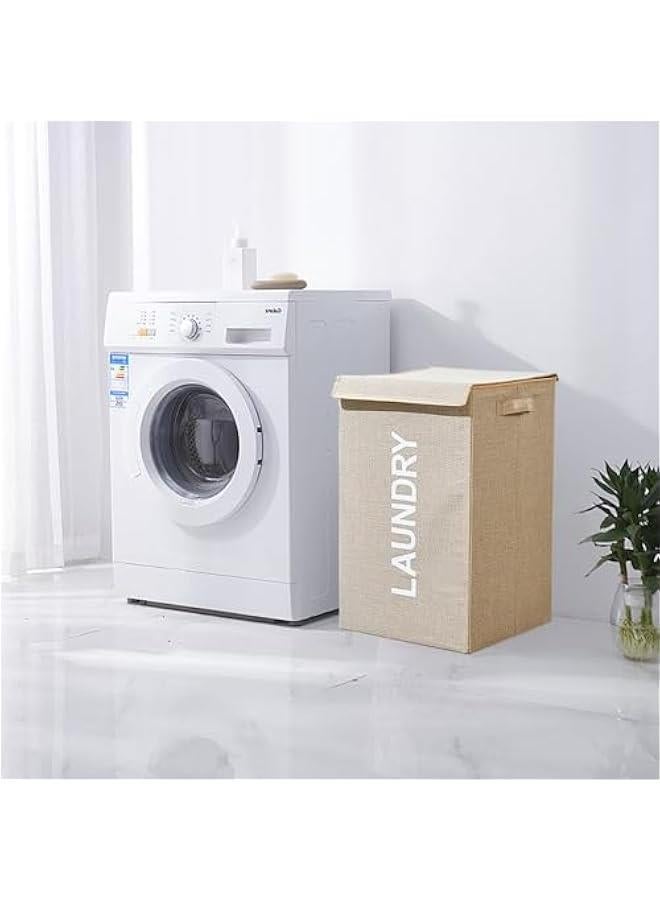 Laundry Basket with Lid, 58L Foldable Laundry Hamper With Handles, Floor-Standing Dirty Clothes Hamper for Bathroom Bedroom Living Room (Beige) - Image 3