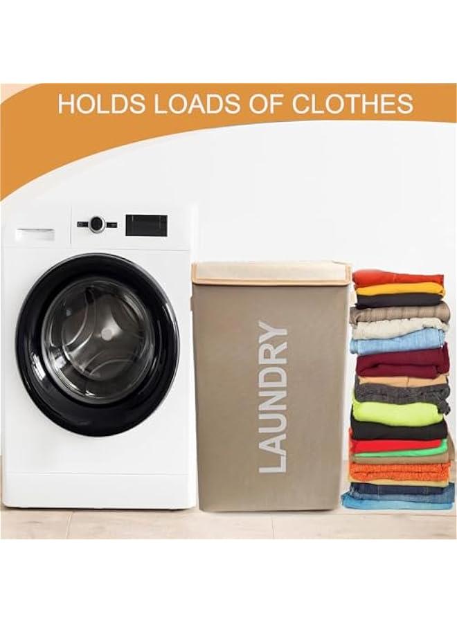 Laundry Basket with Lid, 58L Foldable Laundry Hamper With Handles, Floor-Standing Dirty Clothes Hamper for Bathroom Bedroom Living Room (Beige) - Image 5