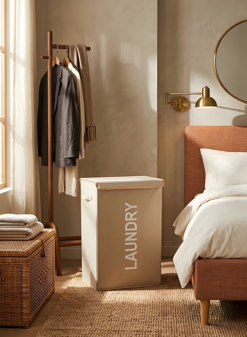 بيوينتي Laundry Basket with Lid, 58L Foldable Laundry Hamper With Handles, Floor-Standing Dirty Clothes Hamper for Bathroom Bedroom Living Room (Beige) - Image 2