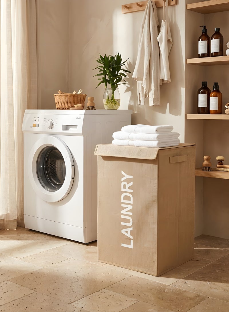 بيوينتي Laundry Basket with Lid, 58L Foldable Laundry Hamper With Handles, Floor-Standing Dirty Clothes Hamper for Bathroom Bedroom Living Room (Beige) - Image 3