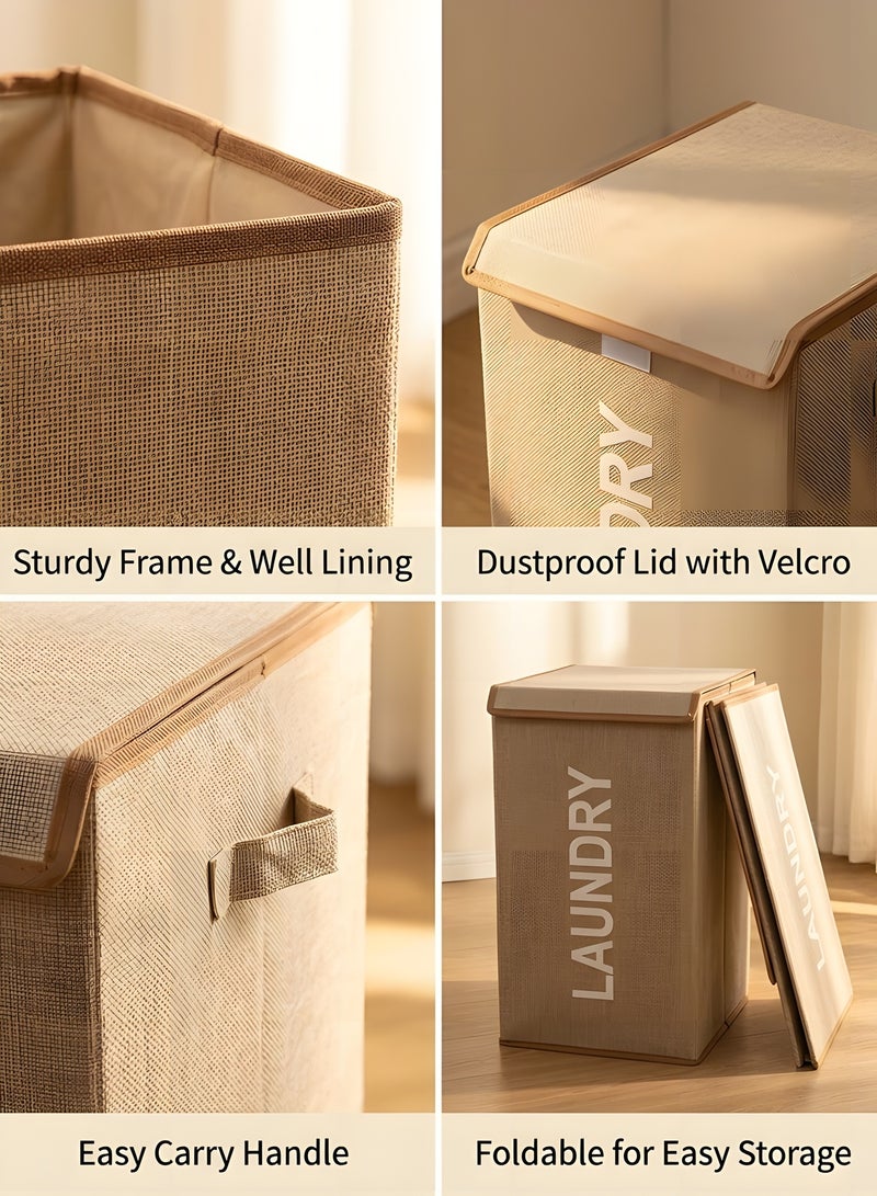 بيوينتي Laundry Basket with Lid, 58L Foldable Laundry Hamper With Handles, Floor-Standing Dirty Clothes Hamper for Bathroom Bedroom Living Room (Beige) - Image 4