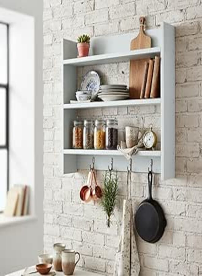 Amire Home White 3-Tier Wall Mounted Floating Shelf with 4 Hooks, Solid Pine Wood Storage Organiser, 59x56x11 cm, Multi-Purpose Display Rack for Bathroom, Living Room, Kitchen